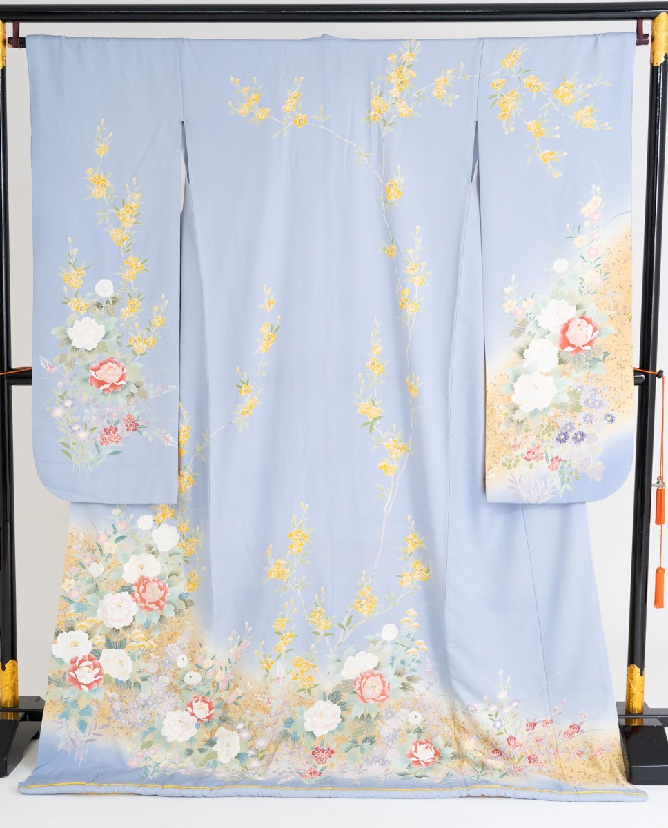 振袖 身丈168cm 裄丈64cm M 袷 斉藤三才 落款 地紋 山吹色 正絹 名品