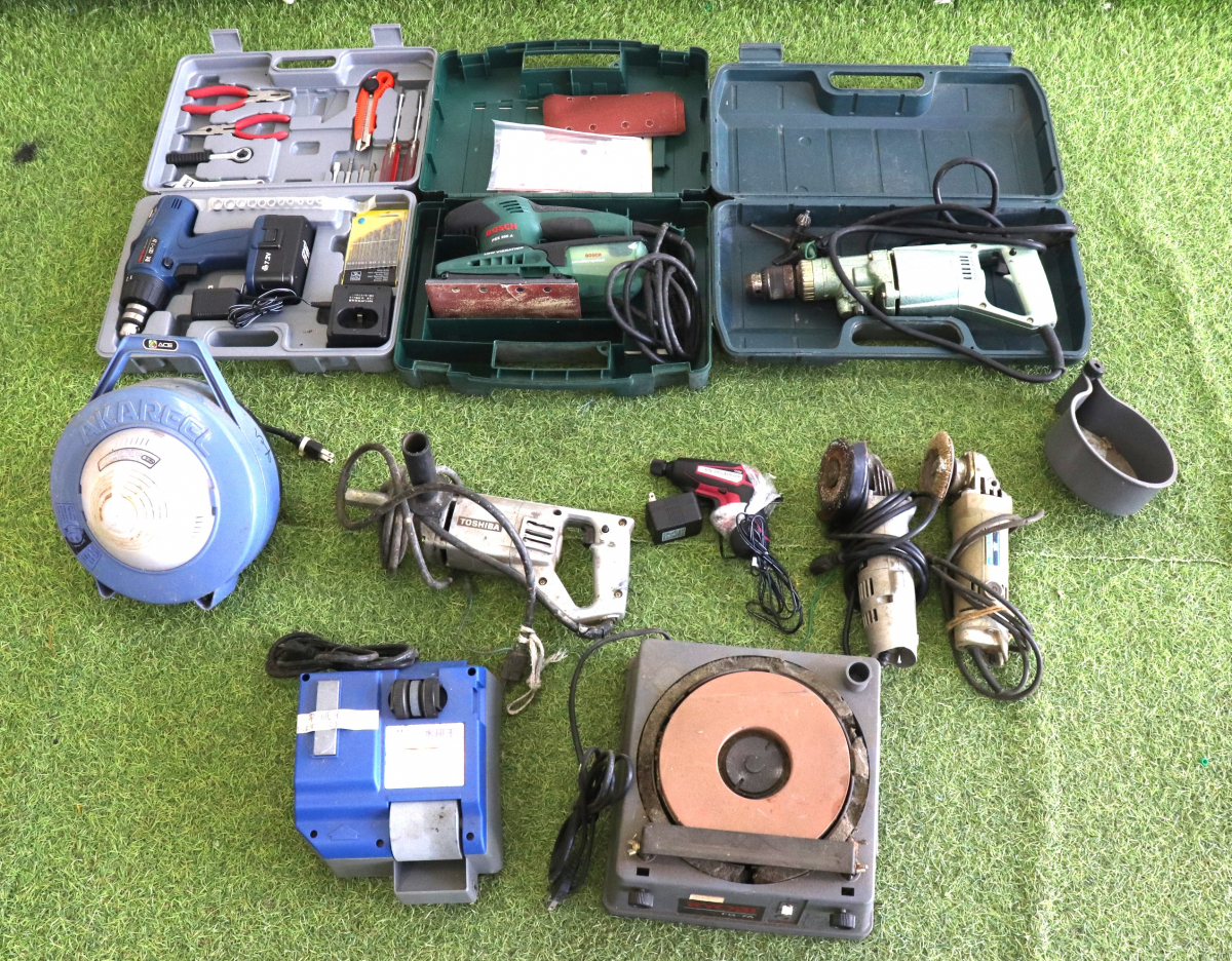 ★【工具10点まとめ】 HITACHI / TOSHIBA / CAINZ 等 ドリル ドライバー 水研 ホースリール ホームスカッター ペンチ カッター 008FCMR47