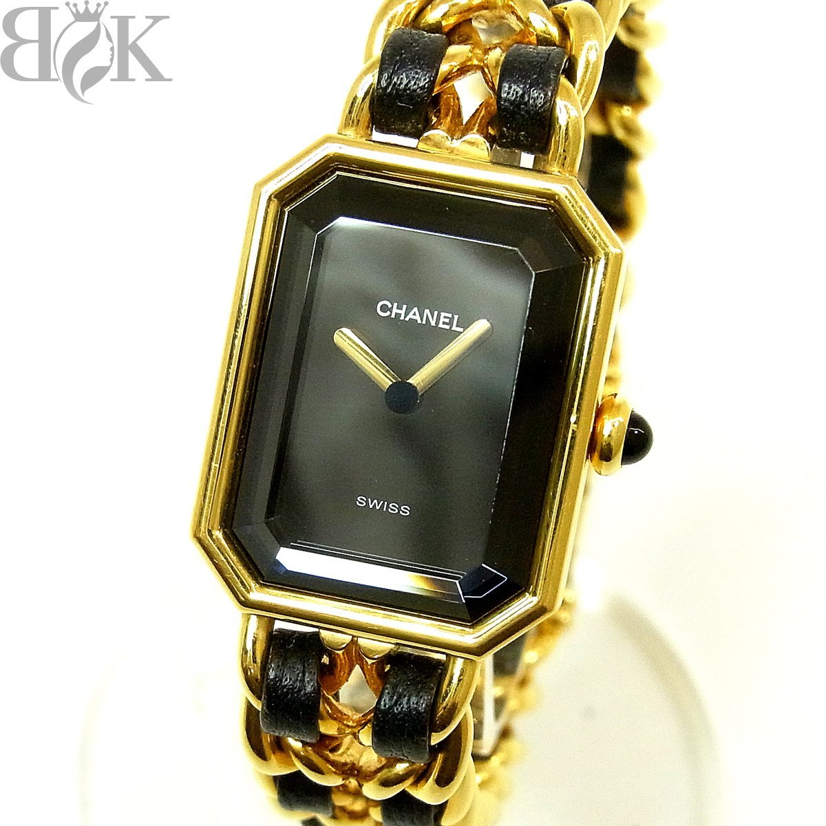 シャネル プルミエール Lサイズ クォーツ 腕時計 黒文字盤 2針 GP×レザー ギャランティ付き CHANEL 不動品 ジャンク ∞