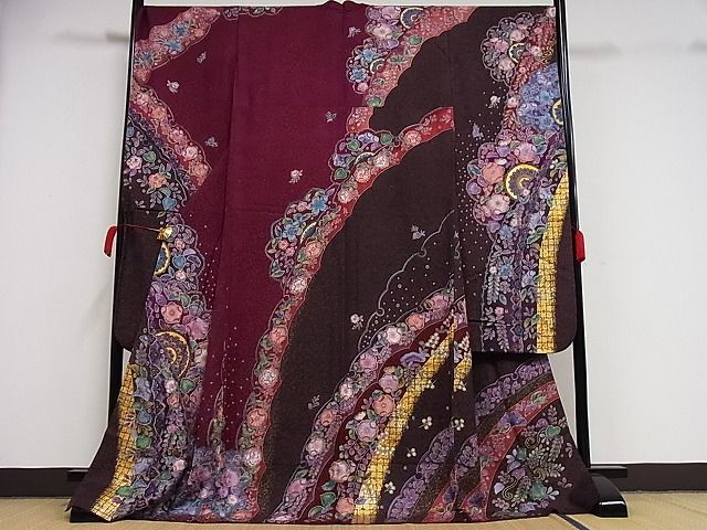 平和屋-こころ店■豪華振袖　辻が花　金彩　金通し地　ロング丈　やまと誂製　着丈172.5cm　裄丈71.5cm　正絹　逸品　B-ph7592