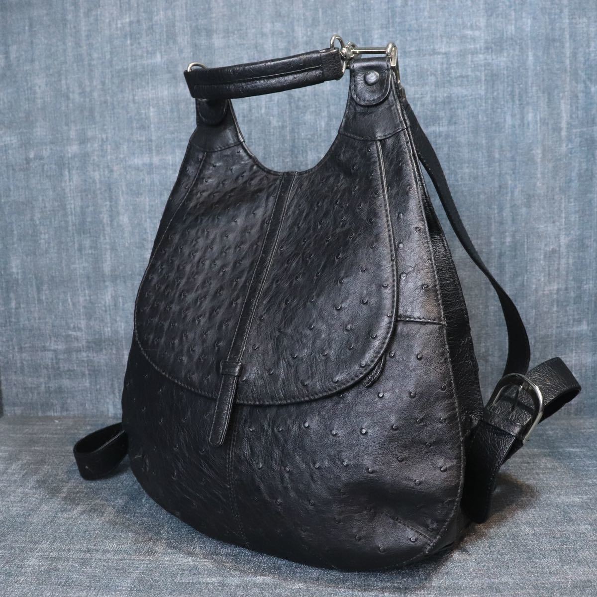 ★１円スタート★ オーストリッチ リュック バックパック ダチョウ genuine ostrich 駝鳥 エキゾチックレザー 1スタ ブラック 黒
