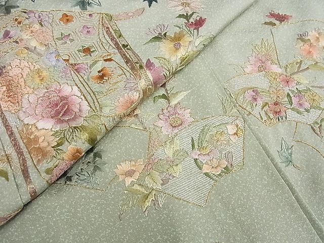 平和屋-こころ店■訪問着　刺繍　誰が袖花文　たたき染め　金糸　着丈156cm　裄丈65cm　正絹　逸品　B-ph7583