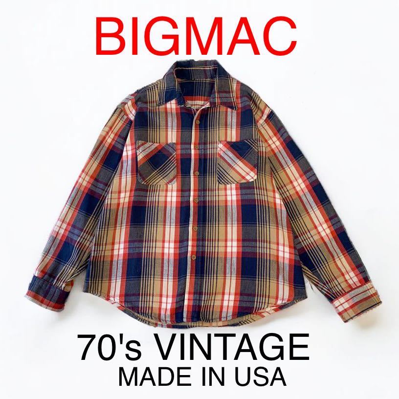 70's VINTAGE USA製 BIGMAC ヘビーネルシャツ ビンテージ ワークシャツ チェック柄 フランネル ビッグマック JC Penney 輸入 古着 XL相当