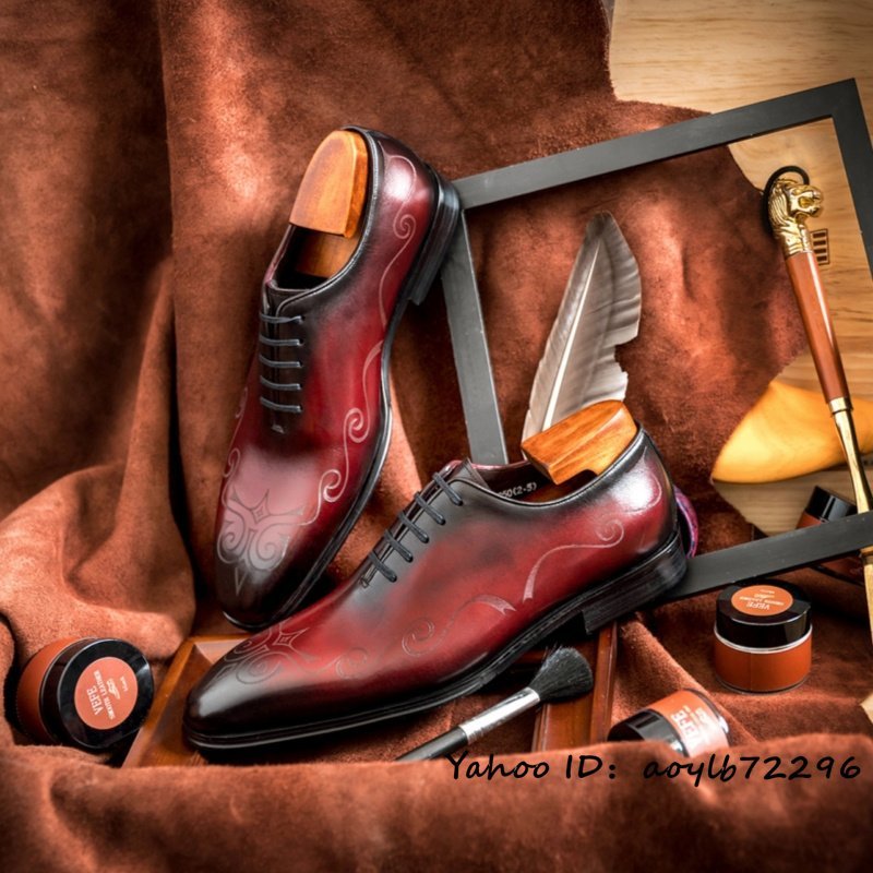 定価10万超★最高級 メンズ ビジネスシューズ 本革 レザーシューズ 超希少 職人手作り 総柄 牛革 紳士靴 宴会 フォーマル 革靴 赤 25.5cm