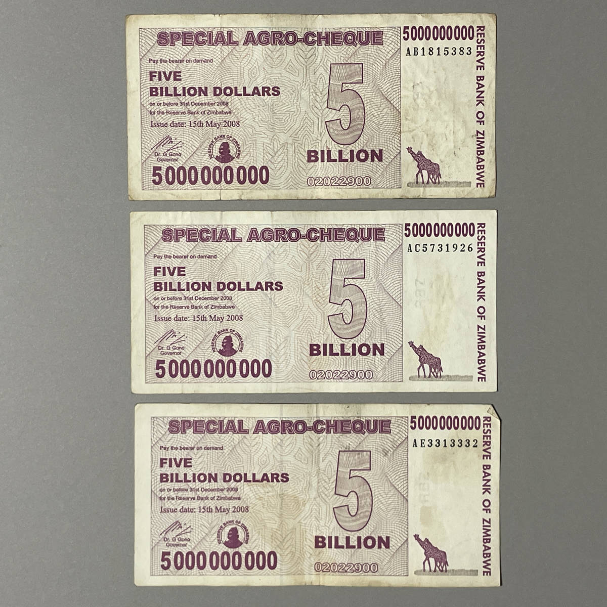 ジンバブエ ドル スペシャルアグロ 50億 5ビリオン 3枚セット H ジンバブエドル スペシャルアグロ 100枚セット 5ビリオン ジンバブエ紙幣  ジンバブエドル・ビリオンシリーズ・10億〜500億・証明書付き未使用5枚