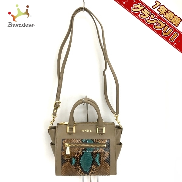 イアンヌ IANNE ハンドバッグ - レザー×パイソン グレーベージュ×ブルーグリーン×マルチ 新品同様 バッグ
