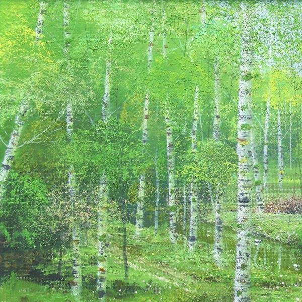 真作WISH早瀬遼「白樺林」油彩 ◇白樺が美しく並ぶ新緑の SM 白樺林