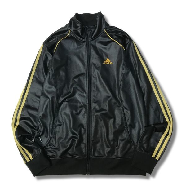 美品 レア  黒 金 ゴールドロゴ 上下 ジャージ 太サイドライン オススメ◎》adidas アディダス☆黒金*光沢感*サイドライン