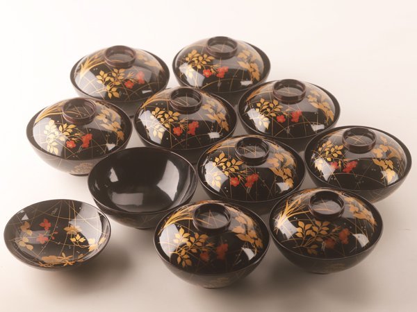 数量限定，品質保証 【流】木製漆器 黒塗朝顔蒔絵 上手吸物椀十客