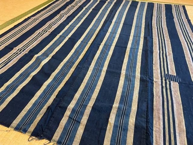 襤褸 趣ある古布和布 縞木綿４幅 布団皮 藍染木綿 継ぎはぎ 時代物 ボロBOROアンティーク JapaneseVintageパッチワーク リメイク素材