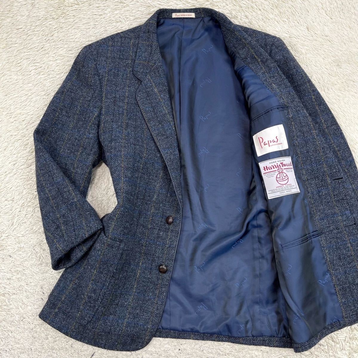 パパス　ハリスツイード【最高の一着】Papas Harris Tweed テーラードジャケット　ツイード　チェック　ブルー ネイビー くるみボタン L位