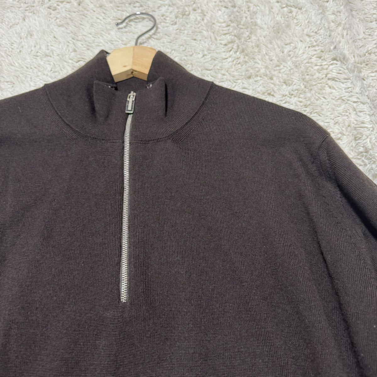 極美品 XXL相当 Ermenegildo Zegna ラムウール 千鳥柄 ハーフジップ ニット セーター プルオーバー 52 エルメネジルド ゼニア ブラウン系