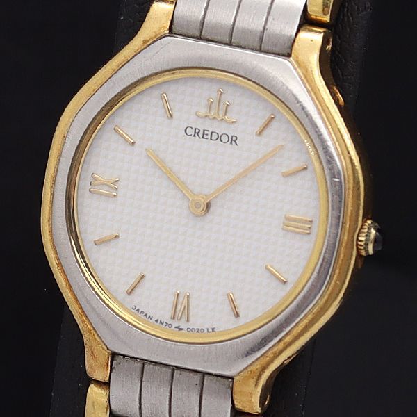 1円 稼働 良品 保証書付 セイコー QZ 4N70-0012 クレドール SS×18KT 白文字盤 ラウンド レディース腕時計 0528000NKG