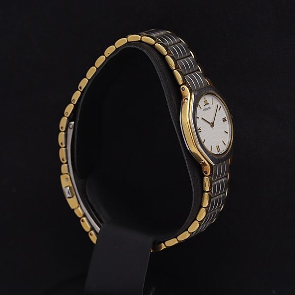 1円 稼働 良品 保証書付 セイコー QZ 4N70-0012 クレドール SS×18KT 白文字盤 ラウンド レディース腕時計 0528000NKG