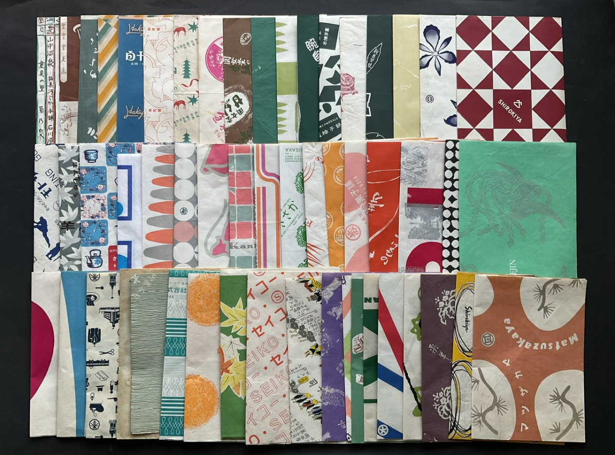 昭和レトロ・1960〜70年代・包装紙・図案・百貨店・デパート・フルーツ・洋菓子・和菓子・三越・松坂屋など 50枚以上C