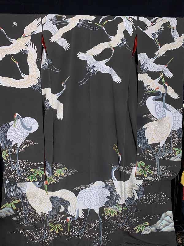 ☆きものさらさ アンティーク着物帯☆黒振袖 鶴 鳥 刺繍 大正ロマン