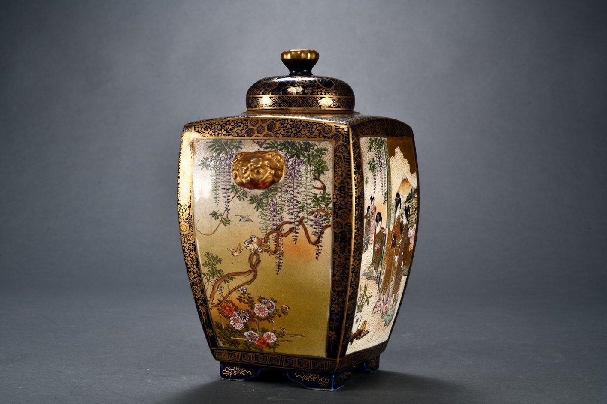 明治時代アンティーク京薩摩焼色絵立体彩色花瓶宮廷図柄古陶磁器当時物 明治時代アンティーク京薩摩焼色絵立体彩色花瓶宮廷図柄古陶磁器当時物