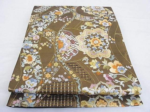 平和屋-こころ店■中国三大刺繍　汕頭刺繍　スワトウ刺繍　総刺繍　袋帯　草花文　金糸　正絹　逸品　B-jd4192