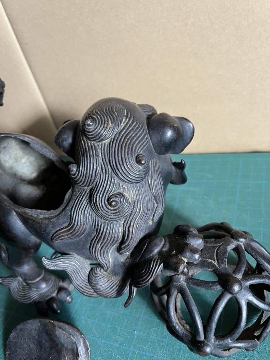置物 古銅 獅子 時代物 古美術 銅製 玉獅子 骨董 コレクション CB-中国