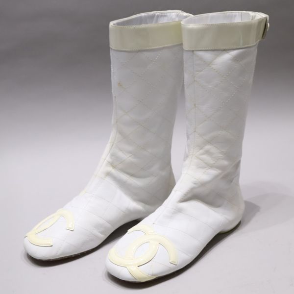 新品 未使用 CHANEL シャネル カンボンライン ココマーク CC ロゴ マトラッセ ステッチ レザー ブーツ 36 1/2 ホワイト イタリア製 正規品