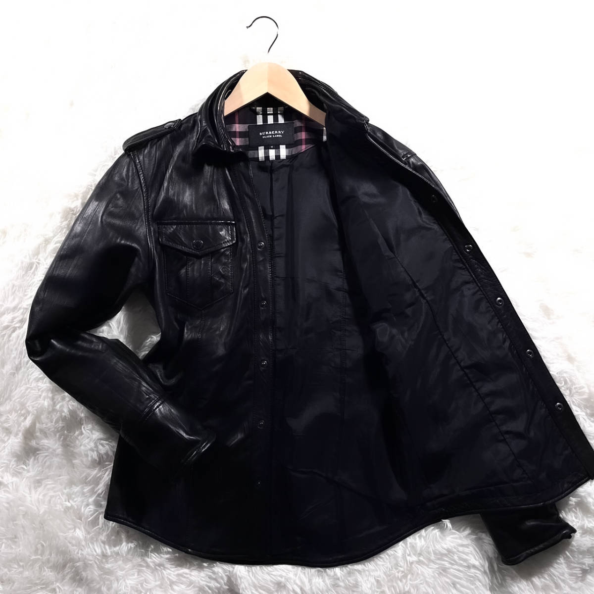 極美品BURBERRY BLACKLABELラムレザージャケット羊革黒ノバチェック柄