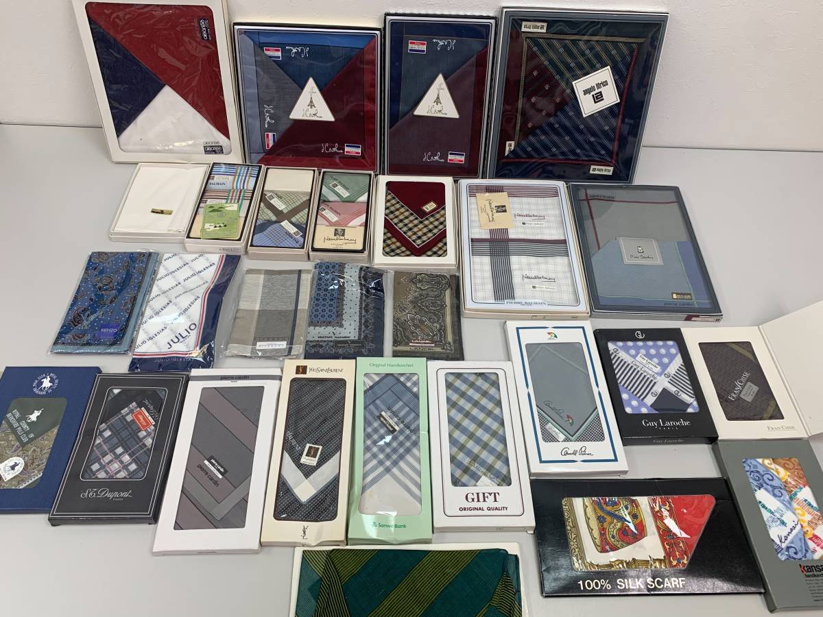 231206G メンズ用 男性用 紳士用 ハンカチ 大量 おまとめ セット GIFT DAKS YSL POLO バルマン PIERRE BALMAIN KENZO JULIO 箱あり 未使用 