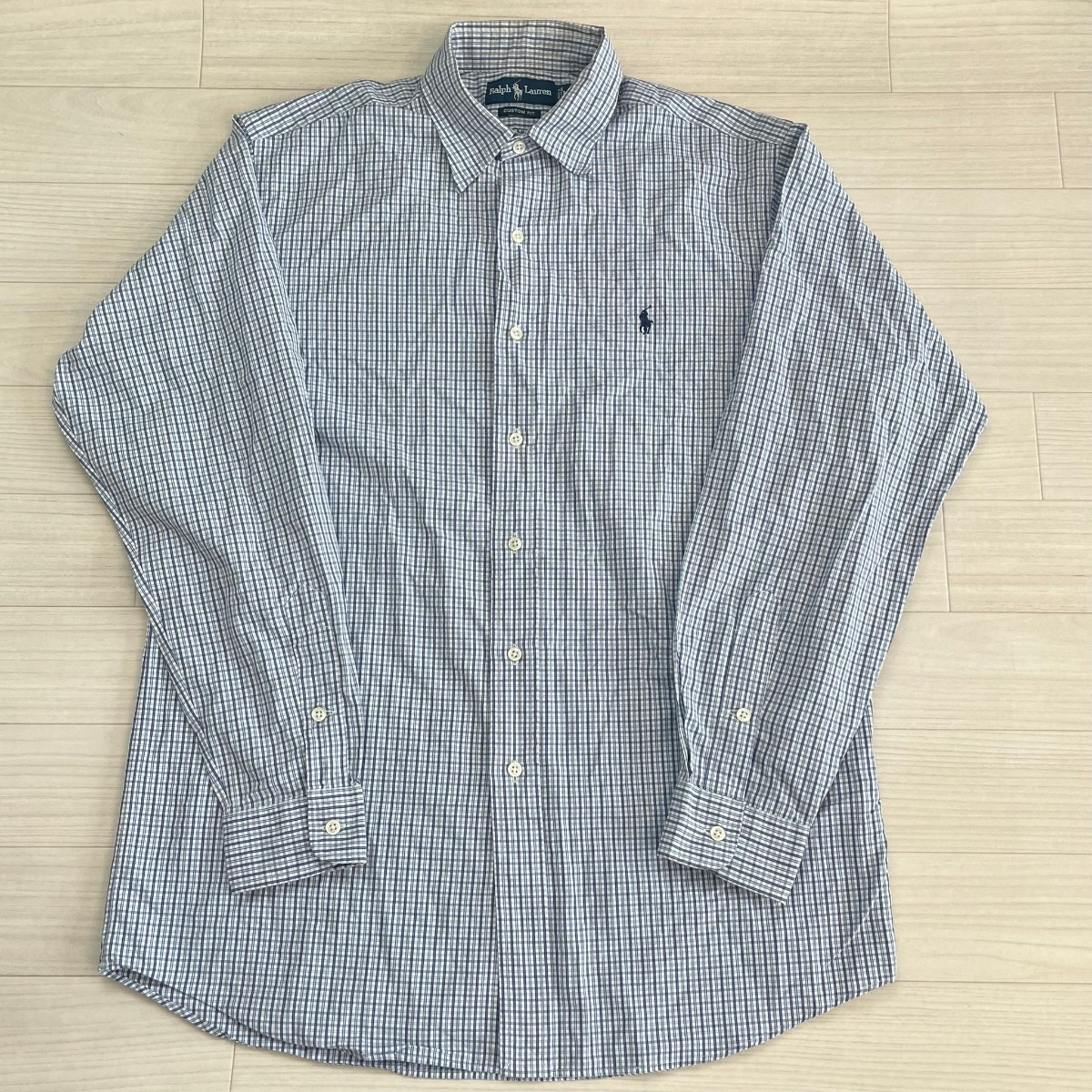 Ralph Lauren ラルフローレン CUSTOM FIT ポニー刺繍入り チェック柄シャツ 長袖 メンズ ブルー サイズL(Lサイズ ...