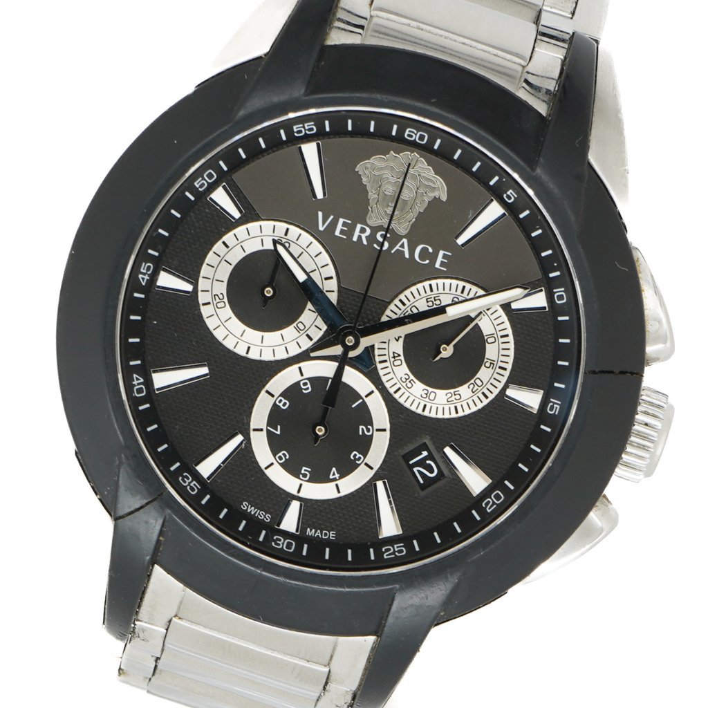 1円 稼働 Versace ヴェルサーチ QZ デイト M8C 黒文字盤 SS クロノ