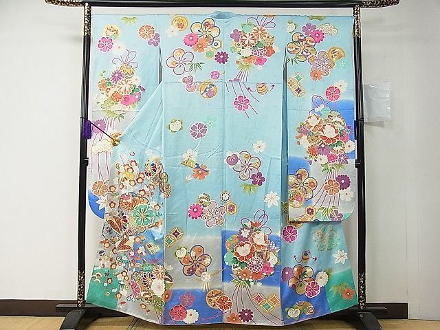 平和屋1□極上 振袖 駒刺繍 雪輪玩具吉祥花文 暈し染め