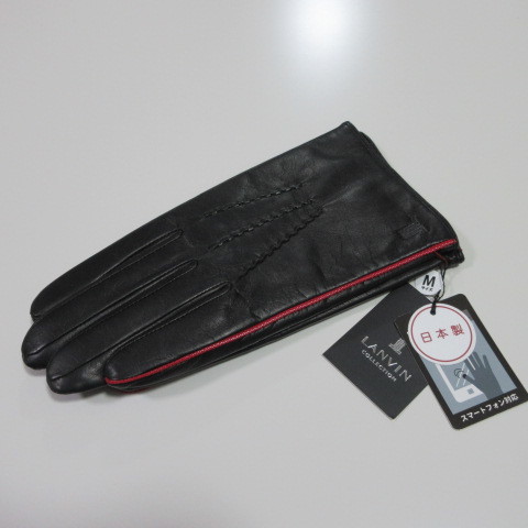 メンズ手袋&frasl;革手袋LANVINランバン羊革手袋 メンズ革手袋【LANVIN】ランバン羊革手袋/スマホ対応 裏地カシミヤ混 日本製 24/黒/ ライン ピンタック スマホ対応