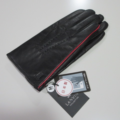 メンズ手袋&frasl;革手袋LANVINランバン羊革手袋 メンズ革手袋【LANVIN】ランバン羊革手袋/スマホ対応 裏地カシミヤ混 日本製 24/黒/ ライン ピンタック スマホ対応