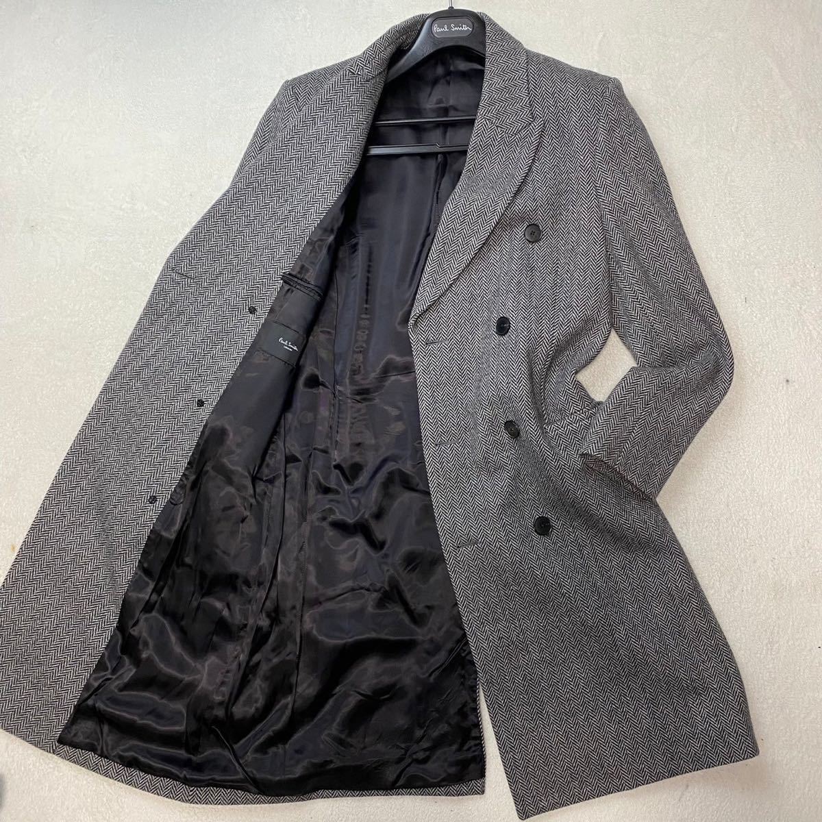 希少L【未使用級 現行】ポールスミスロンドン ダブル チェスターコート ロングコート ヘリンボーン ピークドラペル 灰色 Paul Smith LONDON