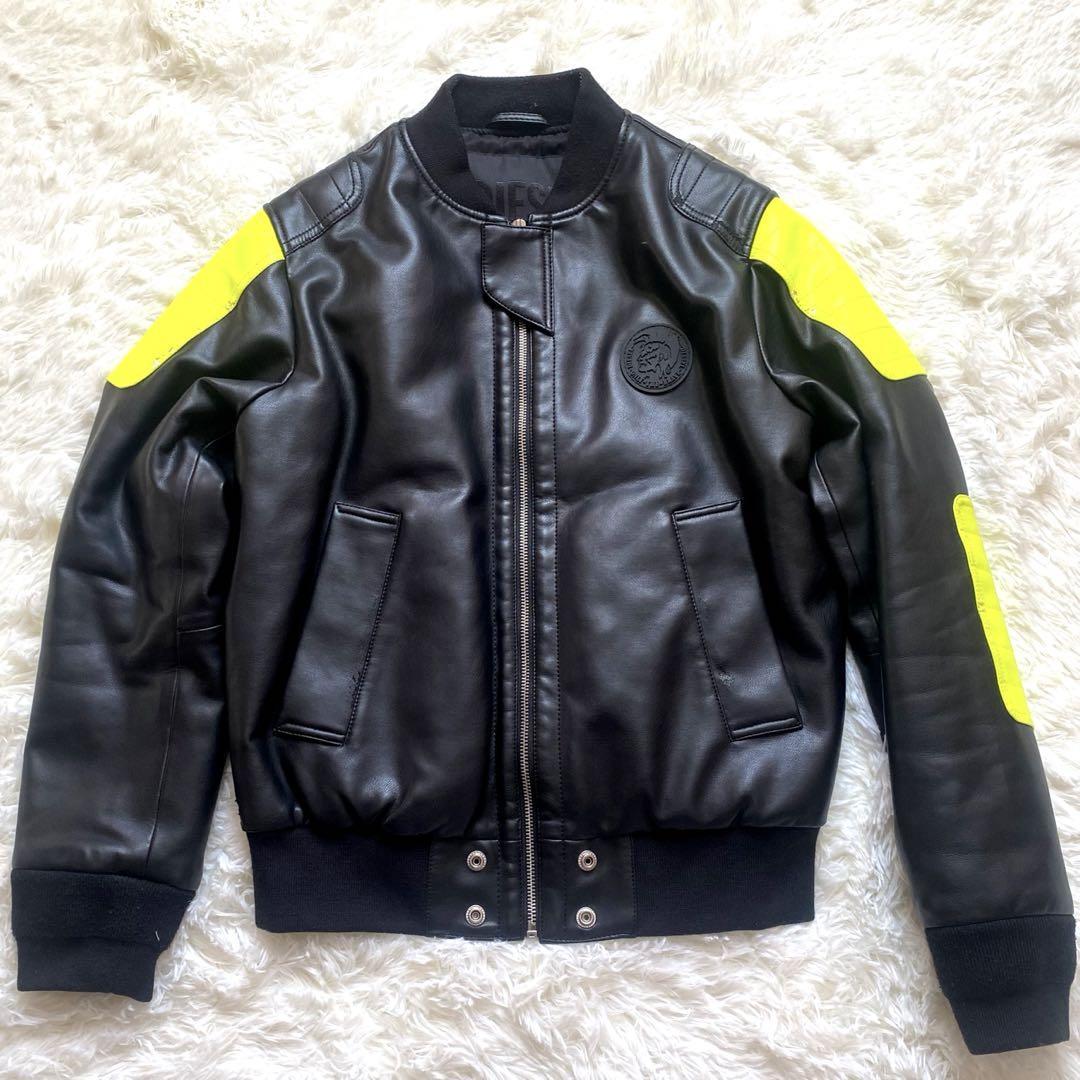 海外限定廃盤品！ DIESEL ディーゼル フェイクレザー ライダースジャケット ブルゾン バイカースタイル 蛍光イエロー ブラック 黒 黄色 