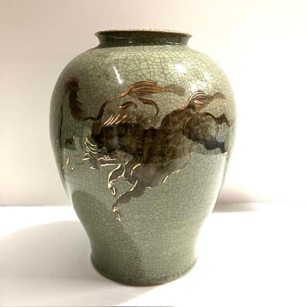 仙4 大堀相馬焼 花瓶 花入 花器 壺 飾り壺 走り馬 金彩 青ひび 伝統