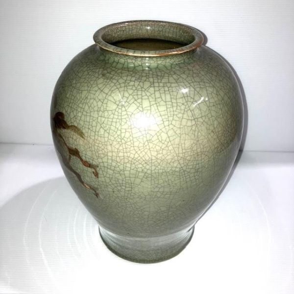 仙4 大堀相馬焼 花瓶 花入 花器 壺 飾り壺 走り馬 金彩 青ひび 伝統