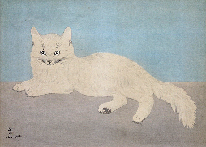 □藤田嗣治 【白い猫】 木版画 刷込みサイン有り(石版画、リトグラフ
