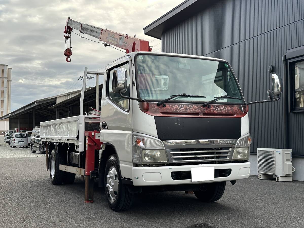 動画有！売り切り！車検付！H16年 三菱 キャンター 3段クレーン 古河ユニック フックイン 積載2t 4.8L ディーゼル 5速MT 好調！佐賀_1