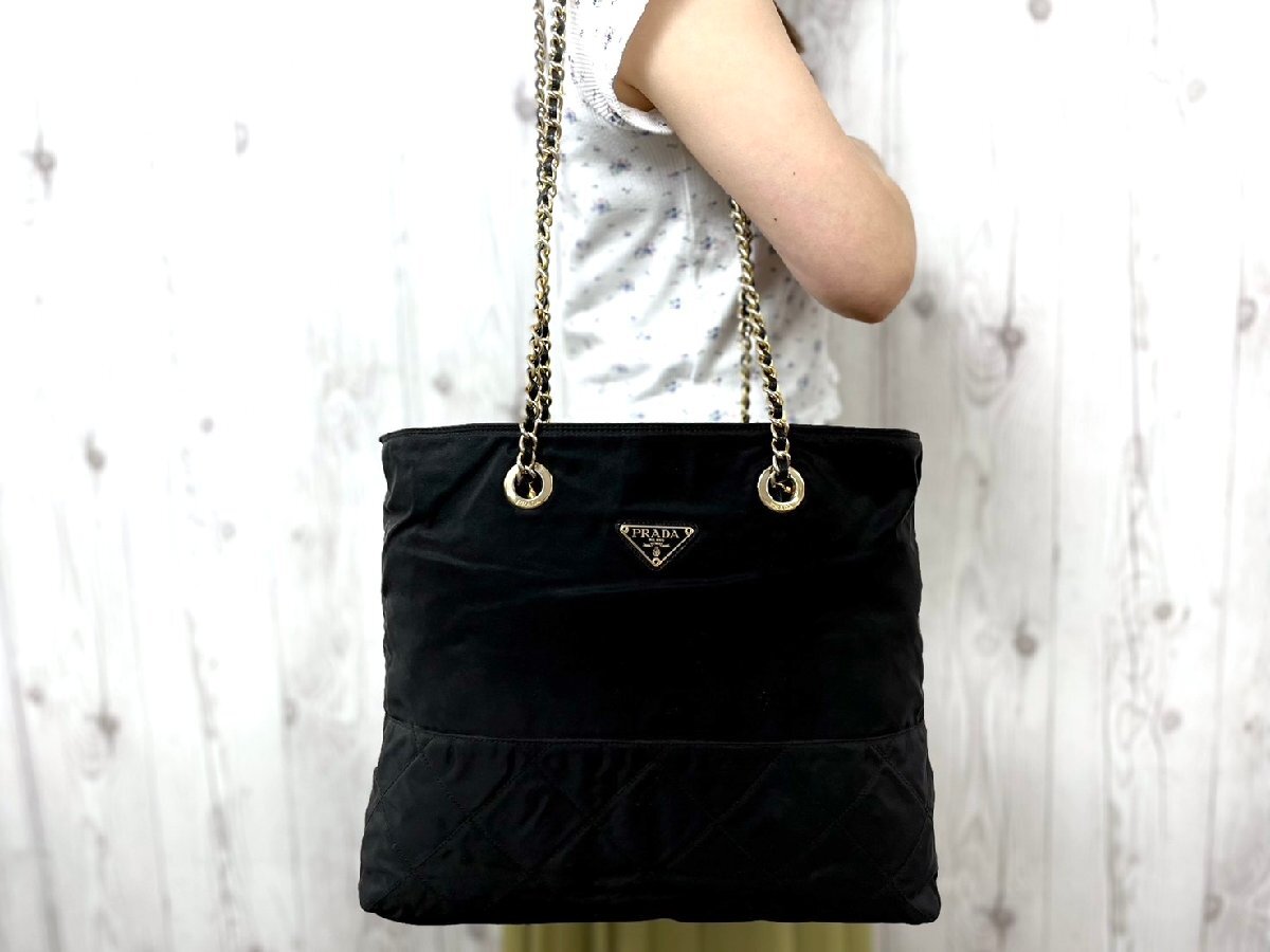 極 PRADA プラダ テスート キルティング ゴールドチェーン ショルダーバッグ トート バッグ ナイロン×レザー 黒 A4可 74996 ...