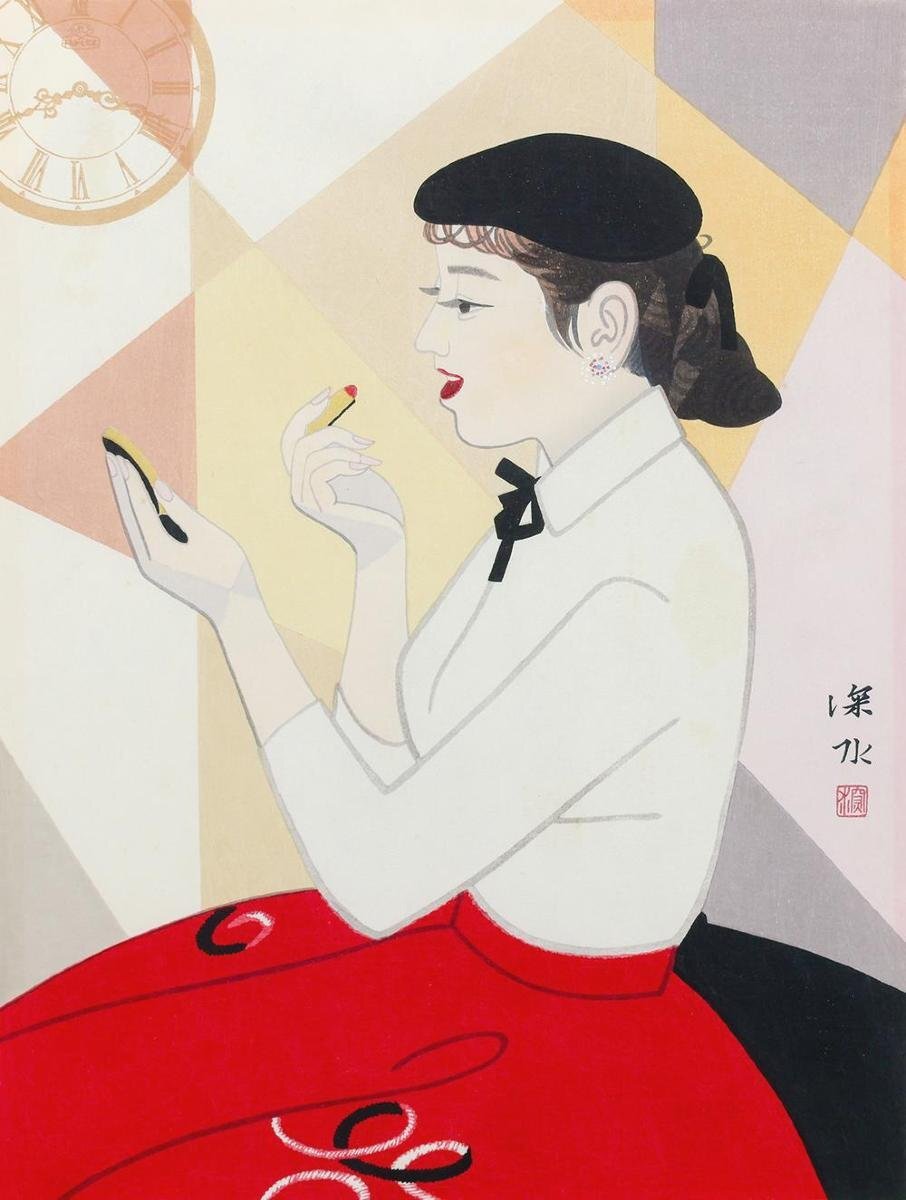用談中！伊東深水　美人画「赤と白」真作 真作】【WISH】伊東深水「赤と白」木版画 〇美人画巨匠 日本芸術院会員