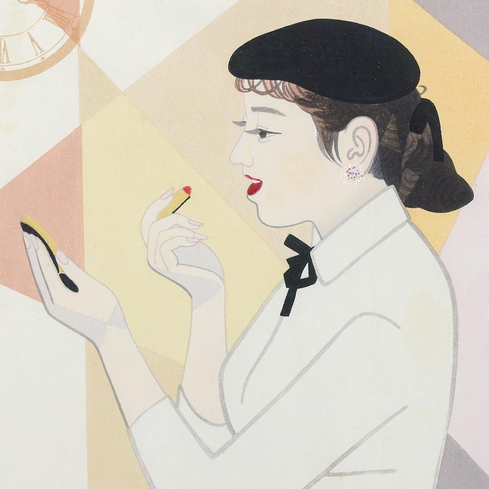 真作】【WISH】伊東深水「赤と白」木版画 〇美人画巨匠 日本芸術院会員