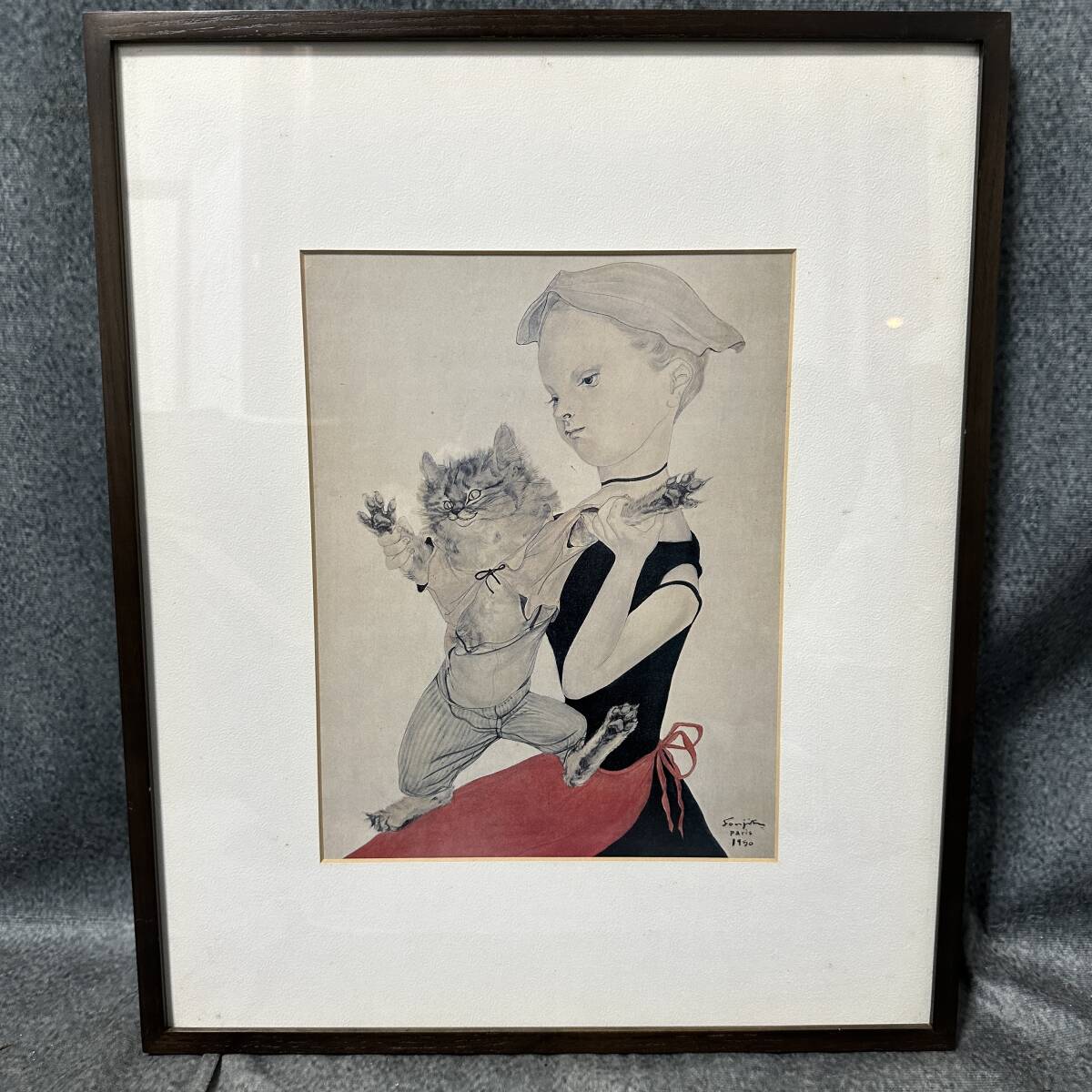 模写】藤田嗣治 レオナールフジタ 少女 猫 プリント 額寸 36cmx44cm