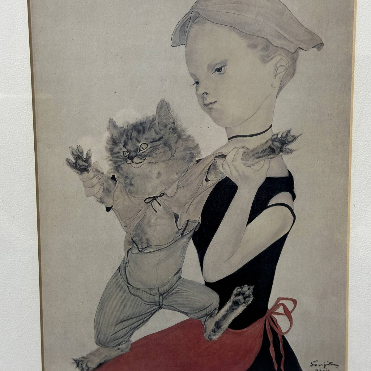 模写】藤田嗣治 レオナールフジタ 少女 猫 プリント 額寸 36cmx44cm