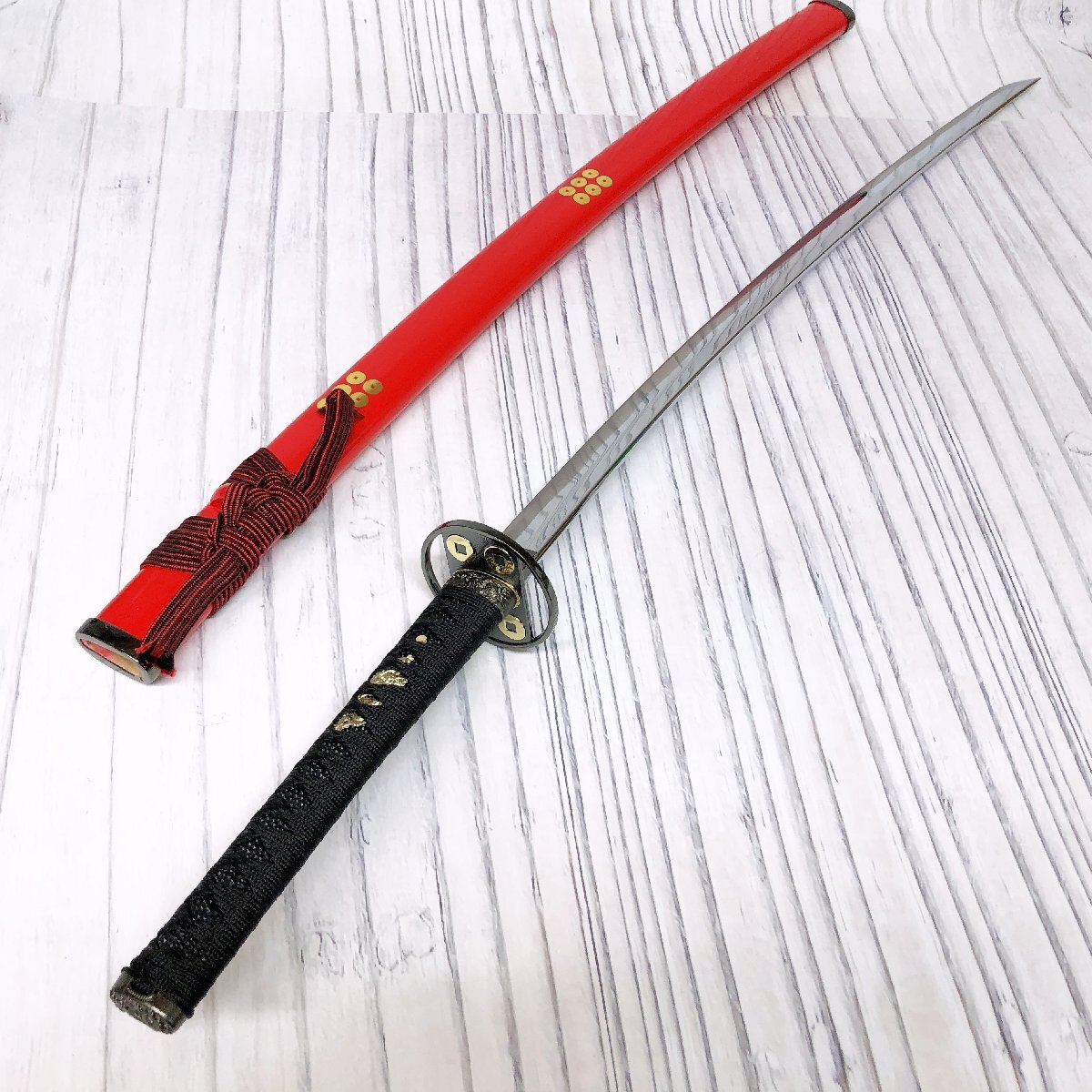 m001 J(140) 模造刀 真田幸村拵 六文銭 朱呂塗鞘 雲龍図縁頭 目貫 居合
