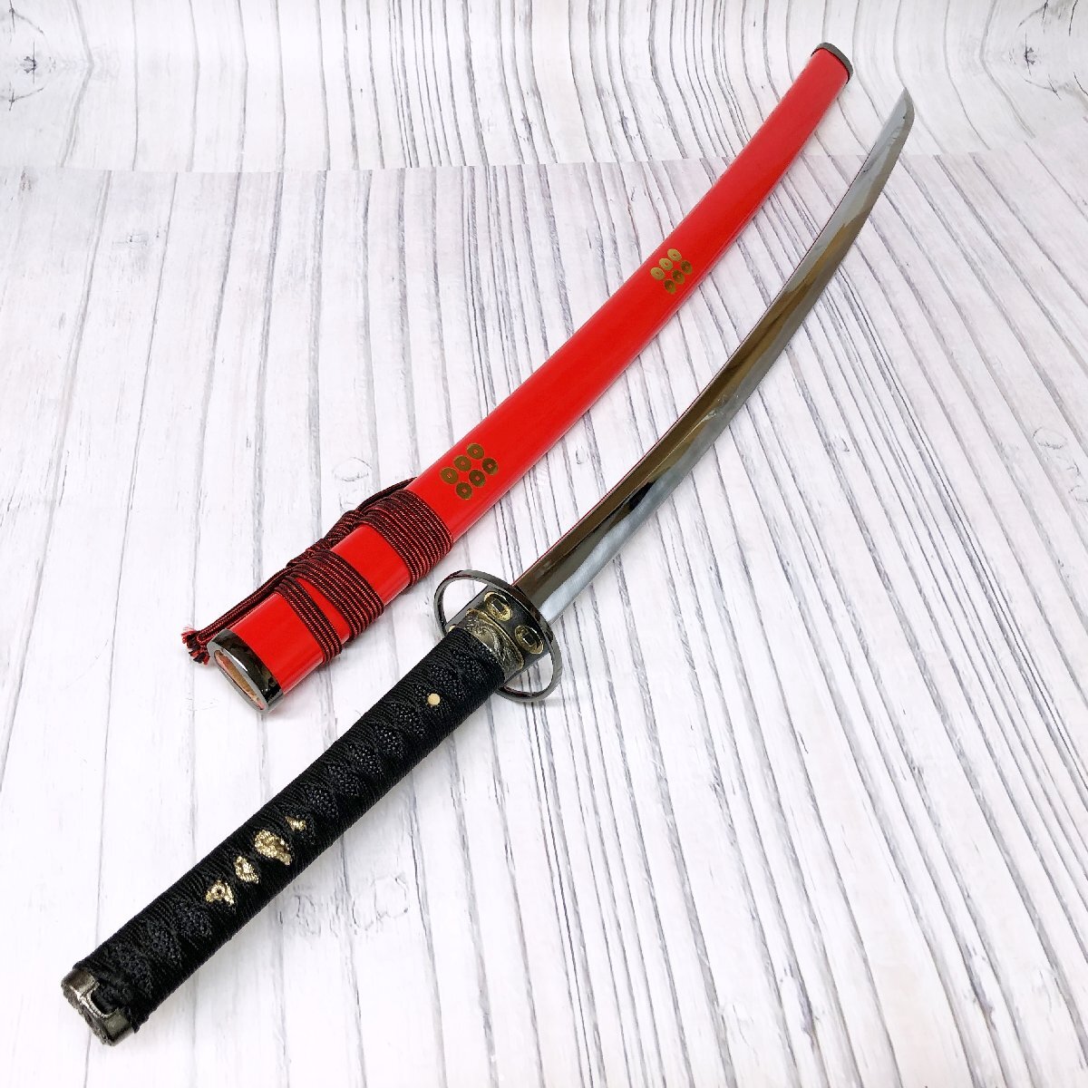 m001 J(140) 模造刀 真田幸村拵 六文銭 朱呂塗鞘 雲龍図縁頭 目貫 居合