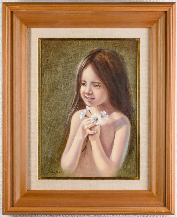 藤岡心象 額装 絵画 人物画 少女とリンゴ インテリア アート アート 絵画 □ 藤岡心象|マーガレット|油彩 F4号|サイン有|真作保証|t030|Shinsho