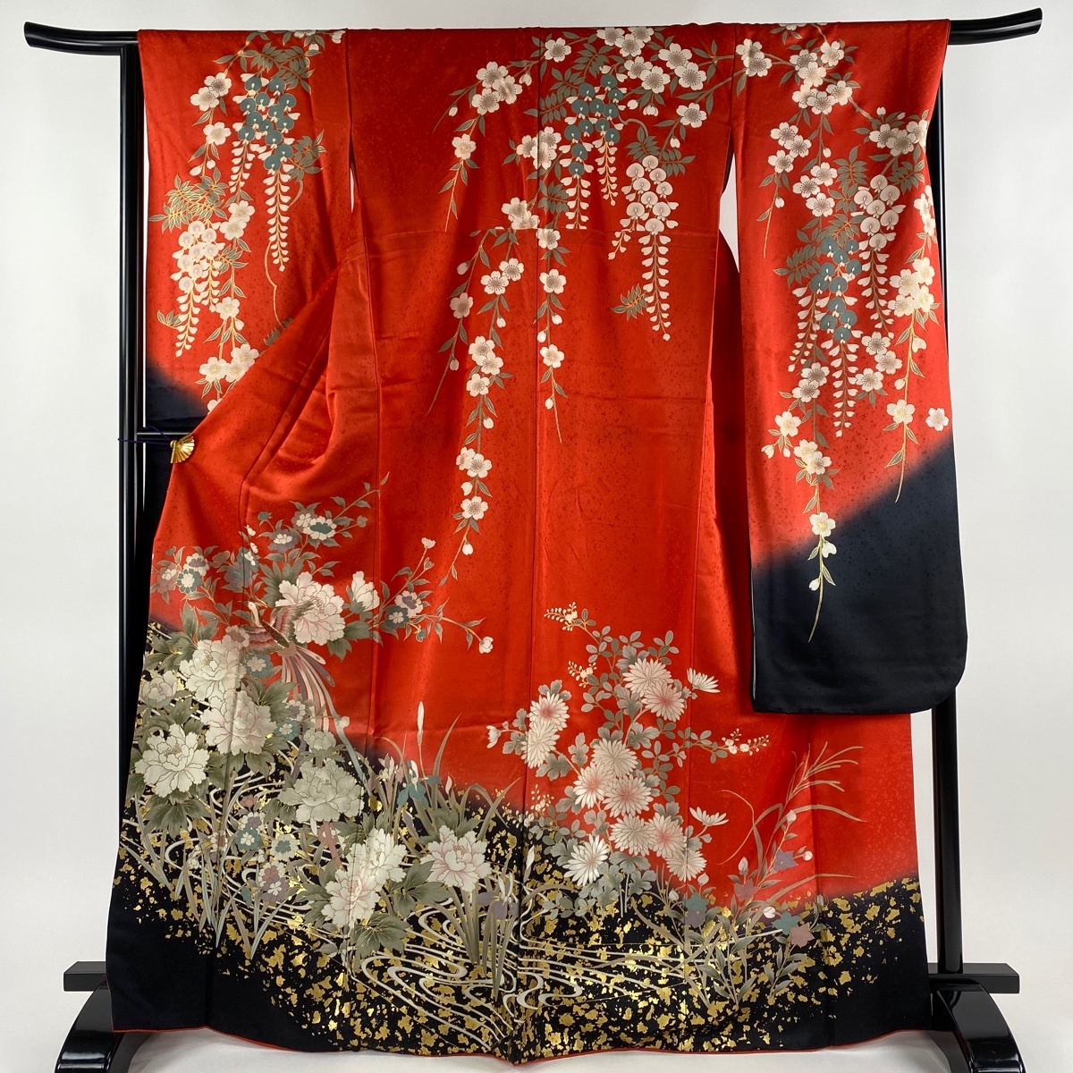 振袖 身丈167cm 裄丈64cm M 袷 尾長鶏 草花 金糸 金彩 朱色 正絹 名品