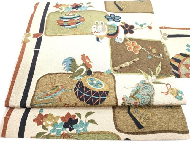美品 長尺 ■ 縮緬地 染縫 正絹 美品 燕 洒落袋帯 平和屋着物□全通柄九寸名古屋帯 玩具花文 金彩 鬼