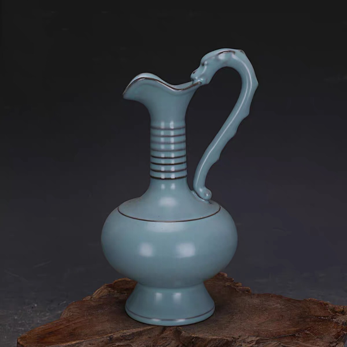 中国磁器 宋汝窯 青釉 開片 龍柄執壺 高19cm 口径5cm 腹径10cm 底径6.5 