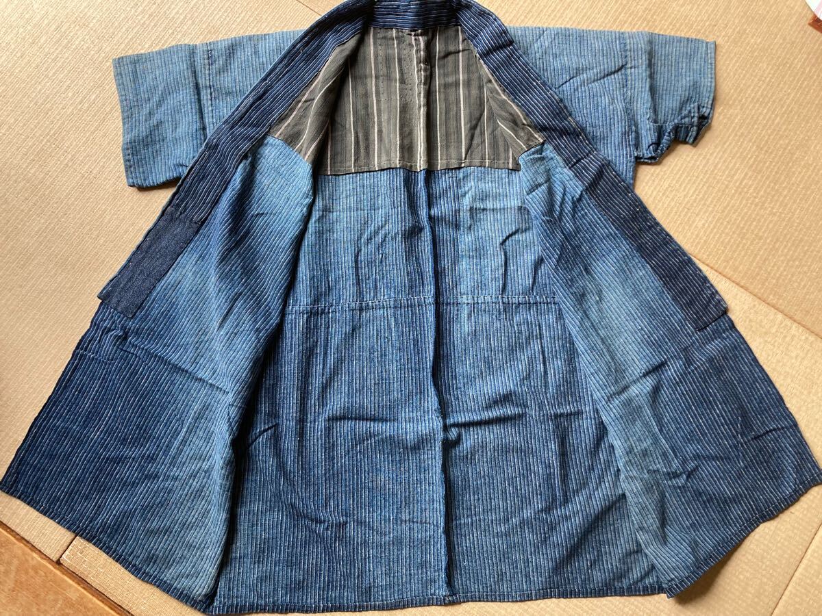 野良着 古布 木綿 絣 襤褸 ボロ 昭和初期〜中期東北産 藍染縞 ⁄