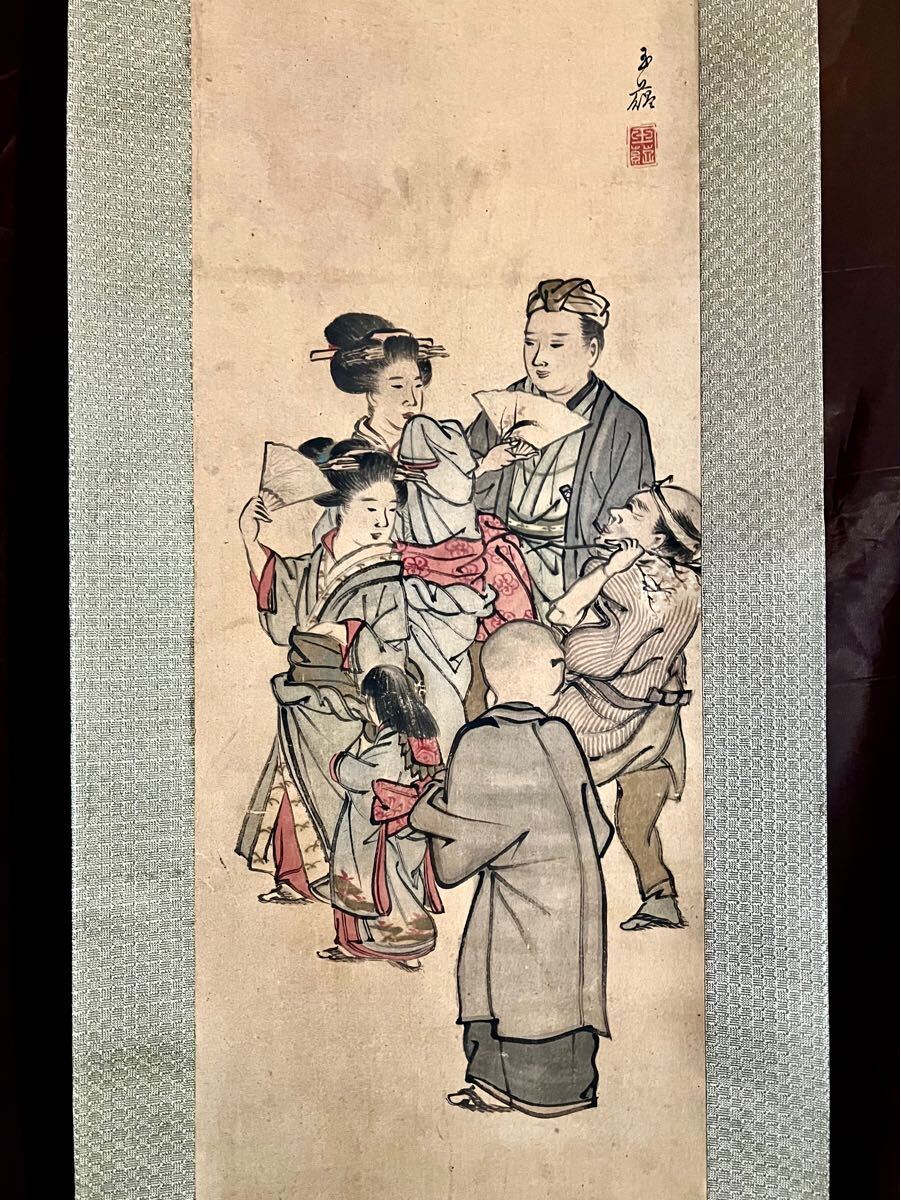 真作】【S8】橘玉嶺「五人町人風俗図」紙本 肉筆 浮世絵 美人画 歴史